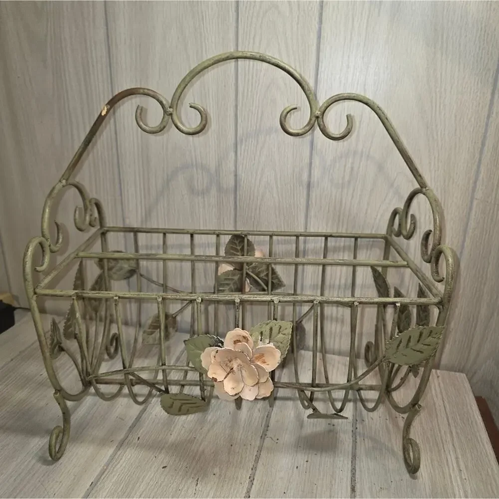 Vtg White Wrought Iron W/Pink Metal Flower Magazine Rack Storage Bin Coquette